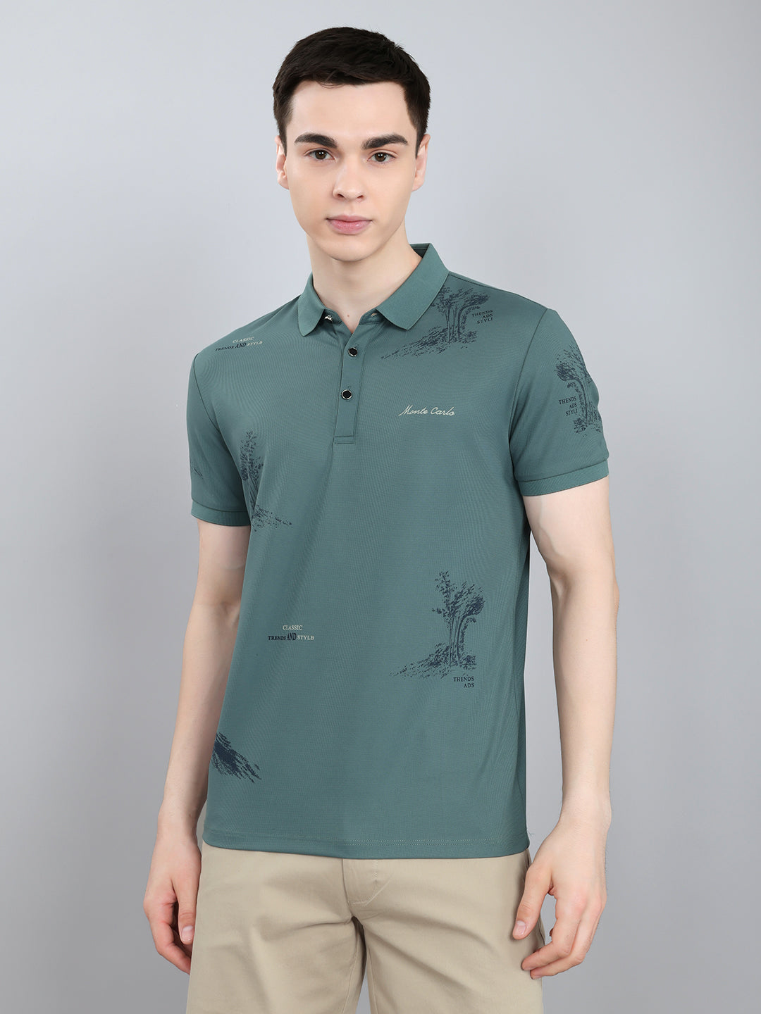 Men Green Printed Collar Half Sleeve T-Shirt