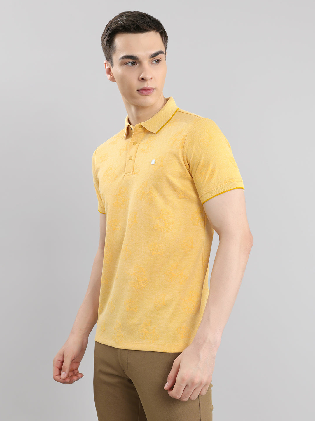 Men Yellow Printed Collar Half Sleeve T-Shirt