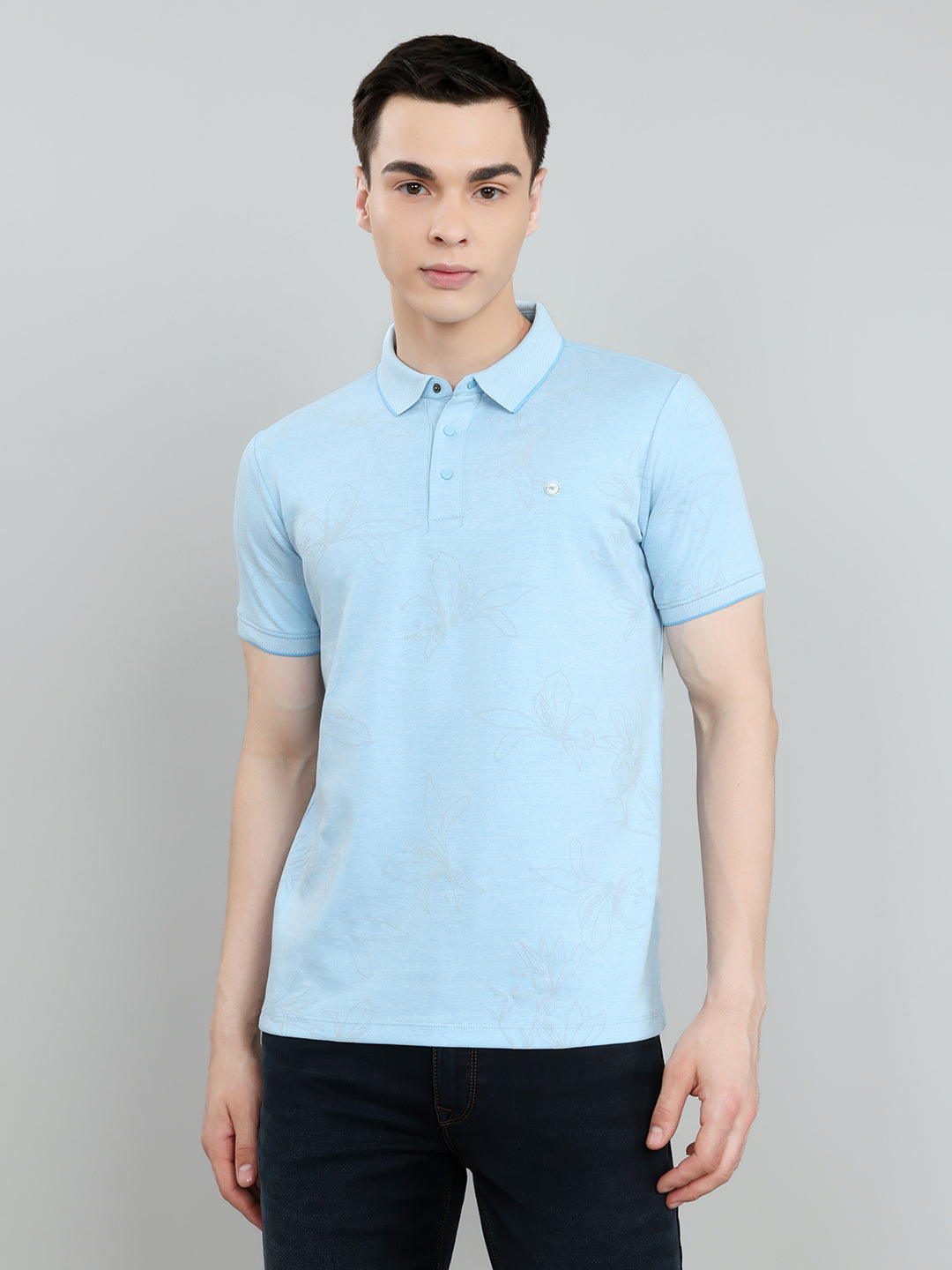 Men Sky Blue Printed Collar Half Sleeve T-Shirt