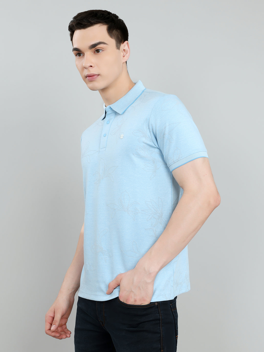 Men Sky Blue Printed Collar Half Sleeve T-Shirt