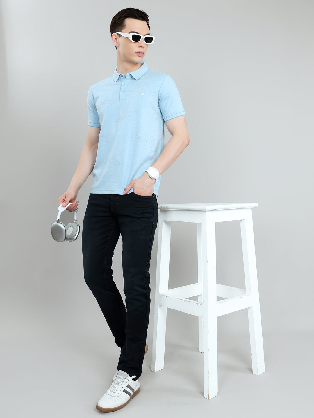 Men Sky Blue Printed Collar Half Sleeve T-Shirt