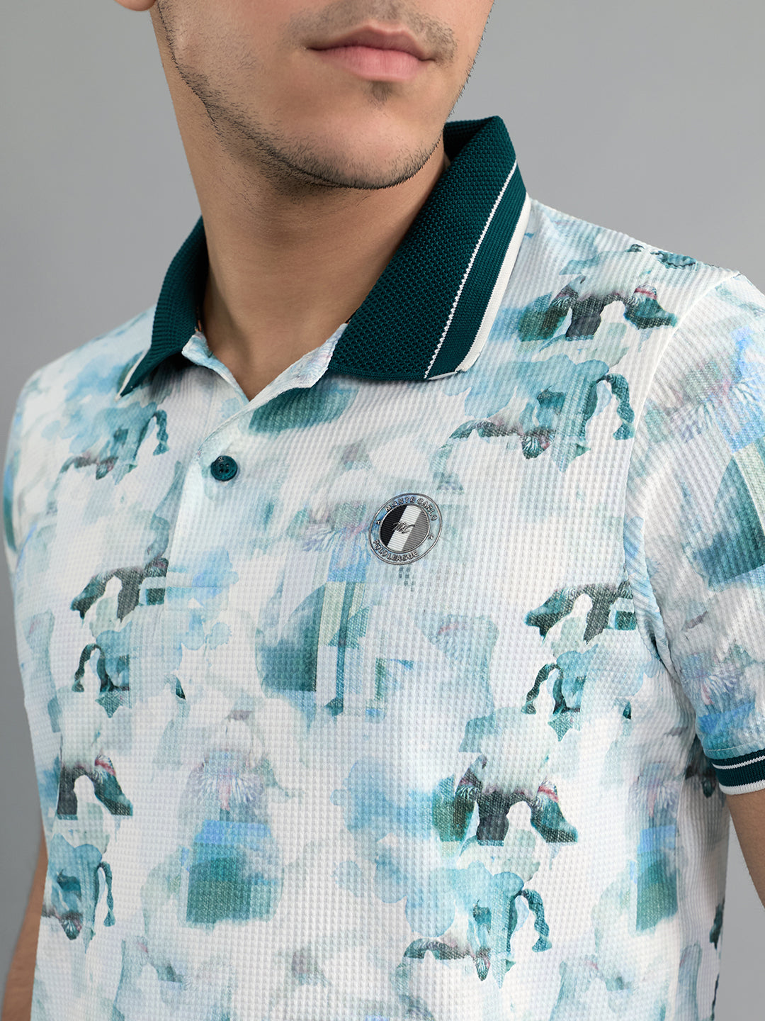 Men Green Printed Collar Half Sleeve T-Shirt