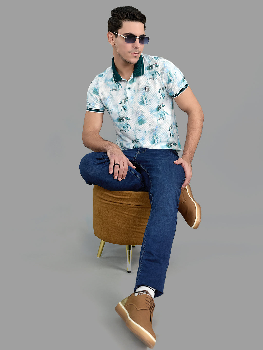 Men Green Printed Collar Half Sleeve T-Shirt