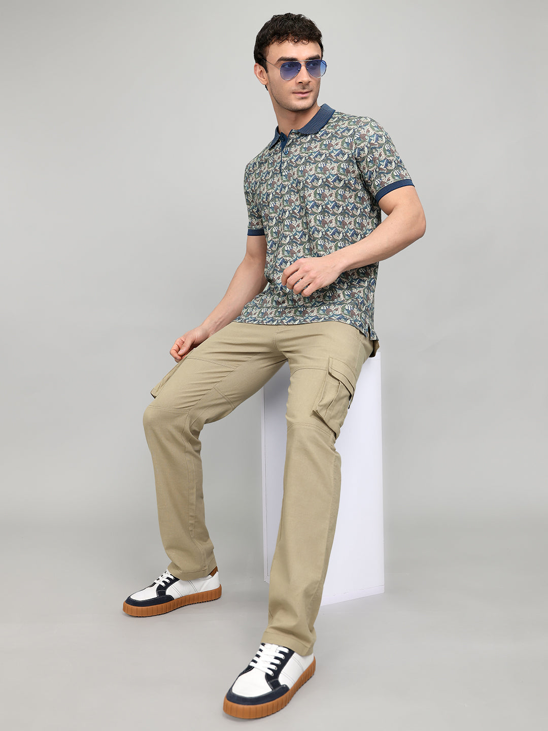 Men Teal Blue Printed Collar Half Sleeve T-Shirt with Plantable Seed Tag