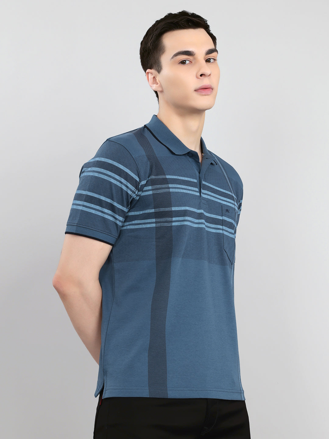 Men Teal Blue Printed Collar Half Sleeve T-Shirt