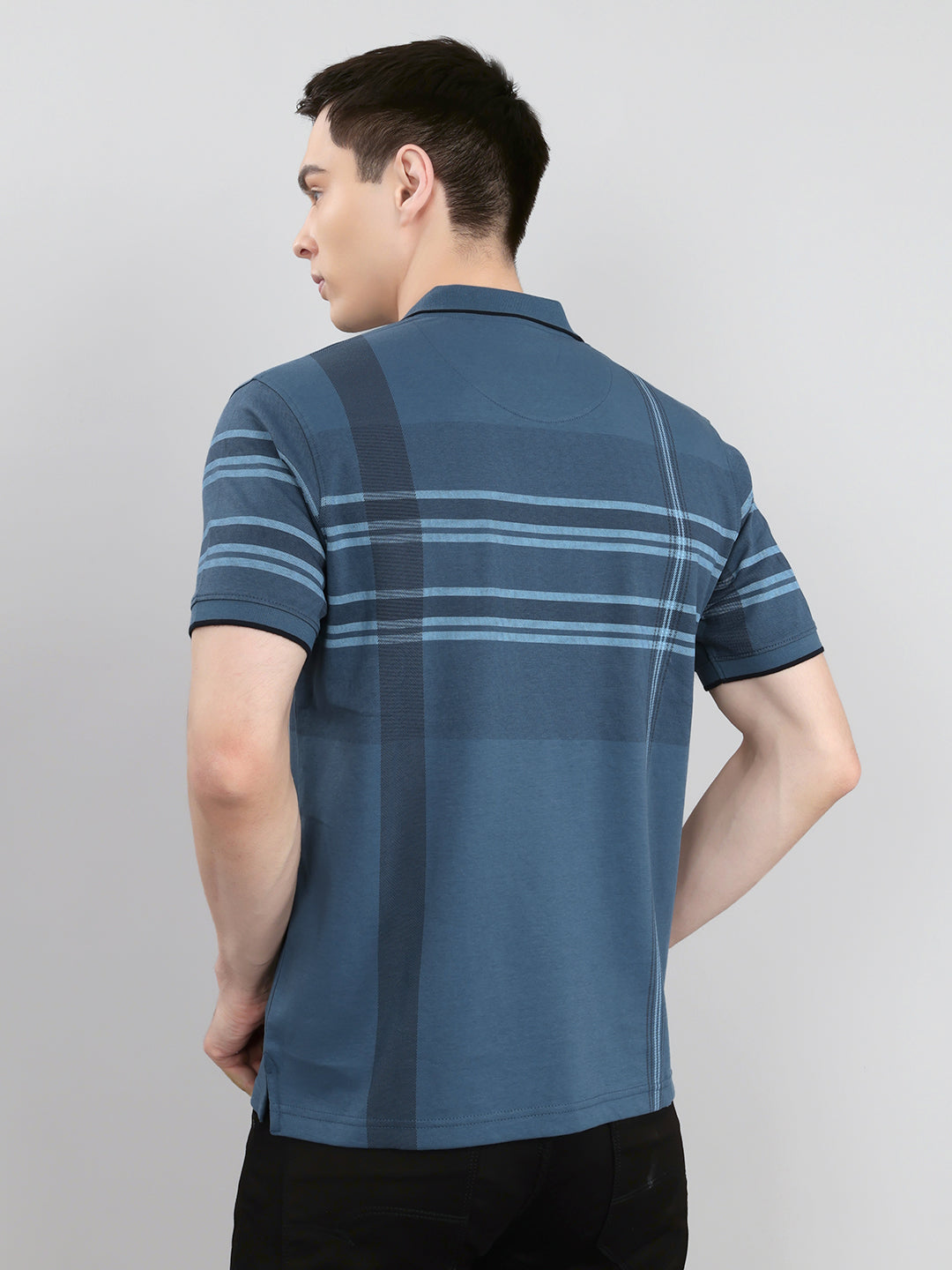 Men Teal Blue Printed Collar Half Sleeve T-Shirt