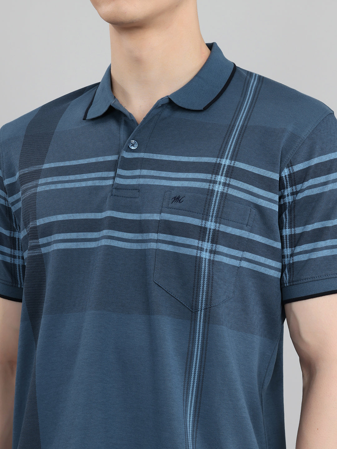 Men Teal Blue Printed Collar Half Sleeve T-Shirt