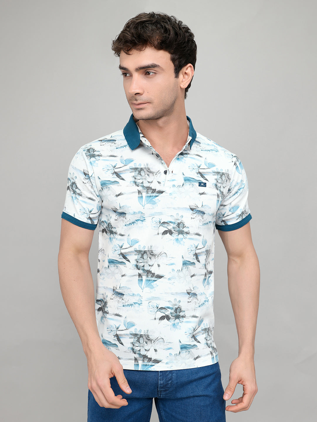 Men Teal Blue Printed Collar Half Sleeve T-Shirt with Plantable Seed Tag