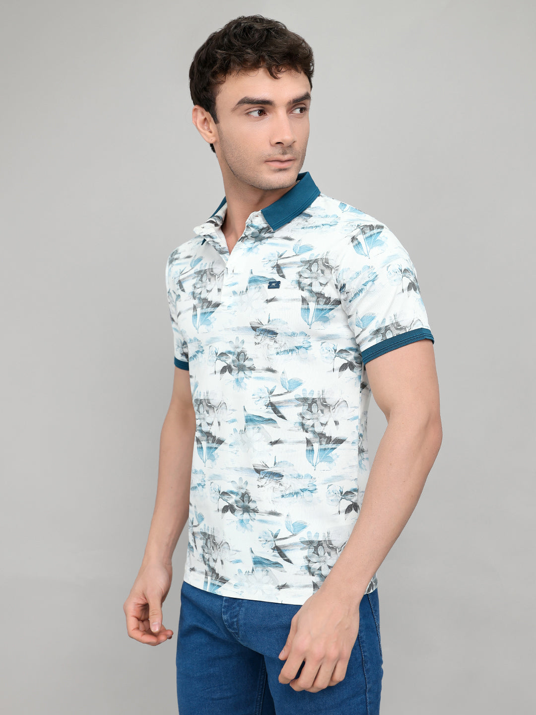 Men Teal Blue Printed Collar Half Sleeve T-Shirt with Plantable Seed Tag