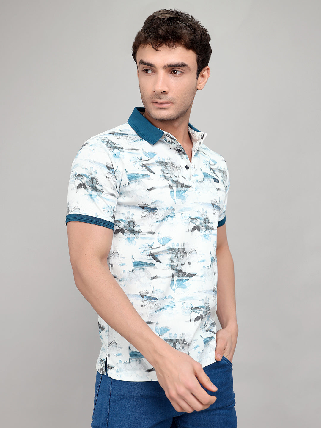 Men Teal Blue Printed Collar Half Sleeve T-Shirt with Plantable Seed Tag