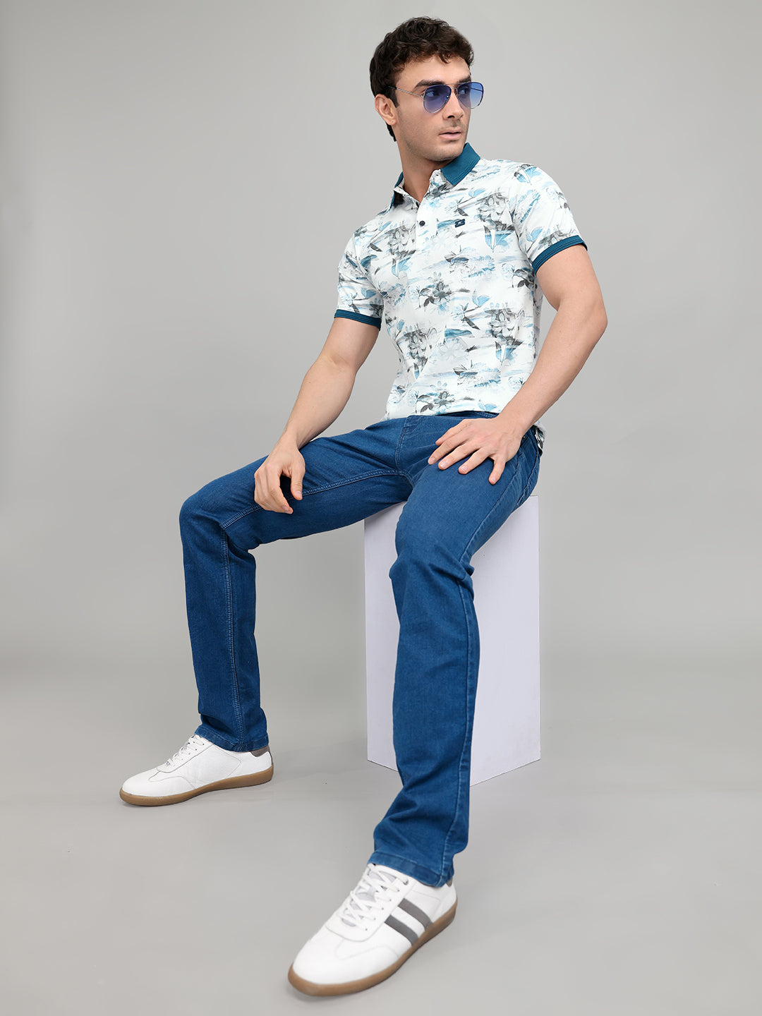 Men Teal Blue Printed Collar Half Sleeve T-Shirt with Plantable Seed Tag