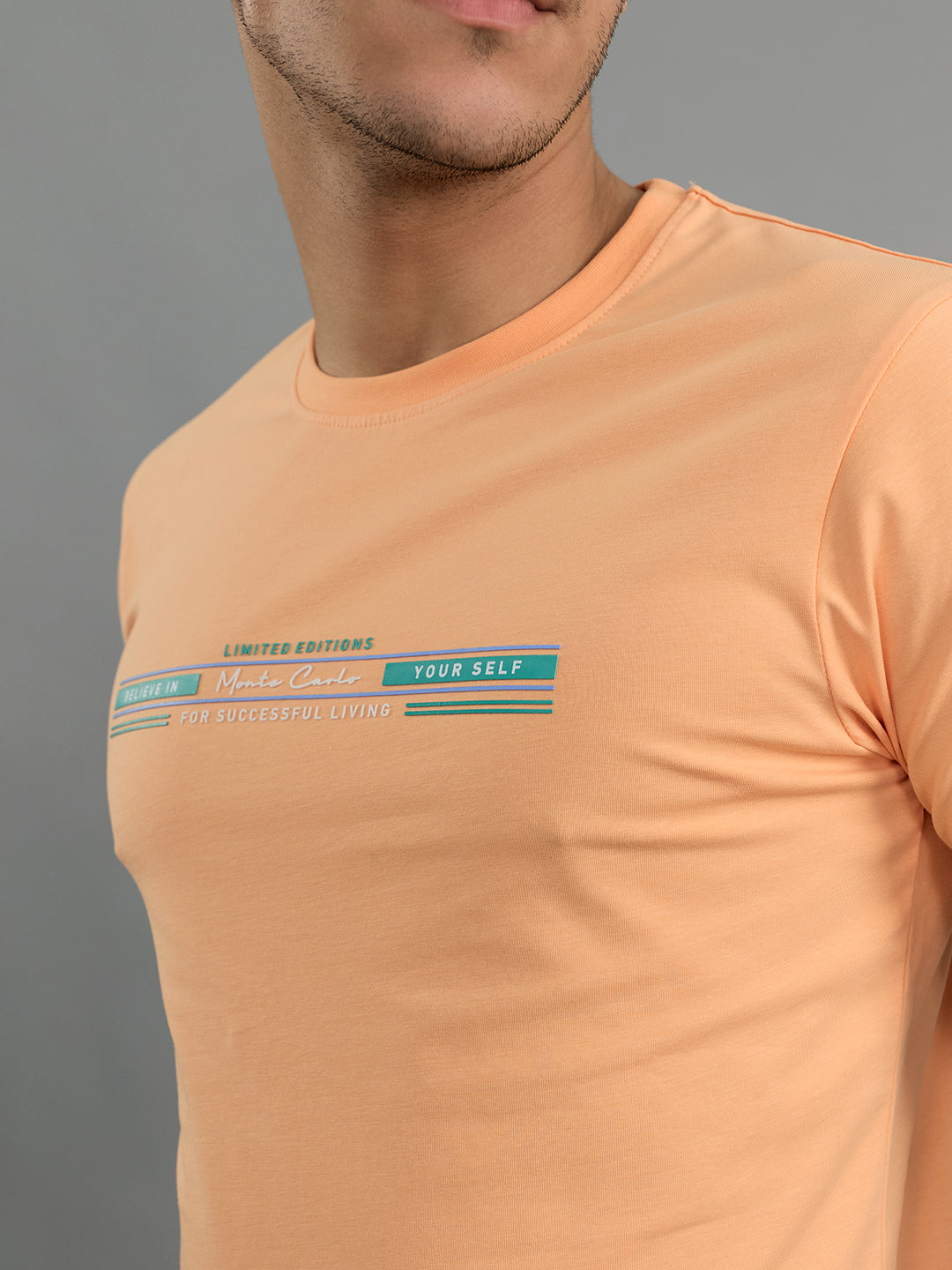 Men Peach Printed Round Neck Half Sleeve T-Shirt