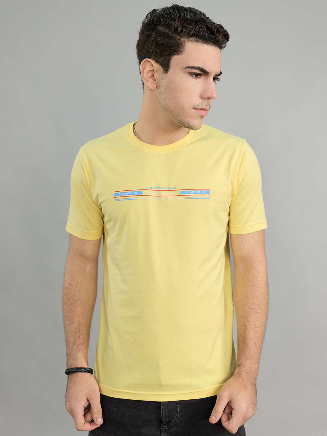 Men Yellow Printed Round Neck Half Sleeve T-Shirt