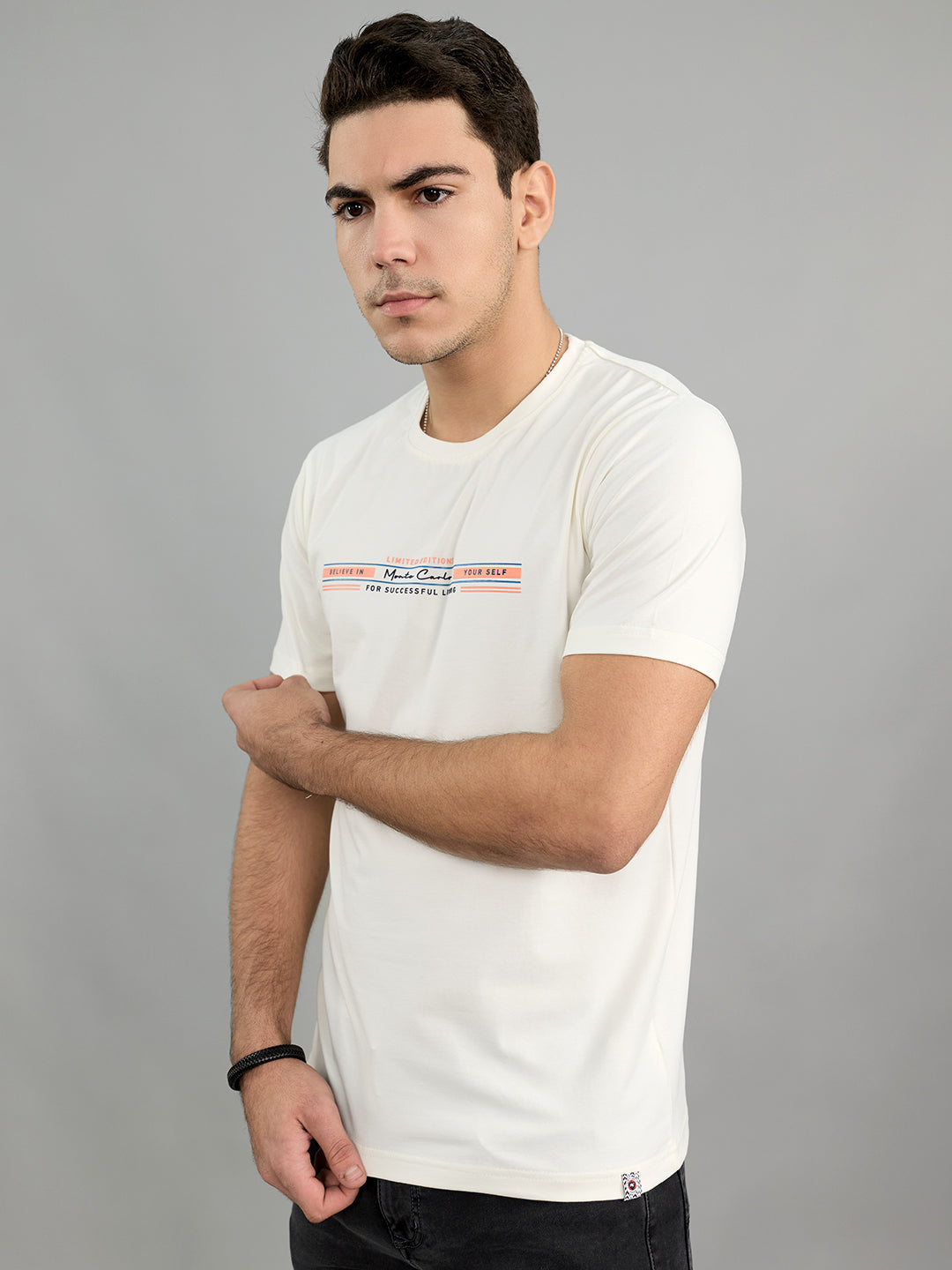 Men White Printed Round Neck Half Sleeve T-Shirt