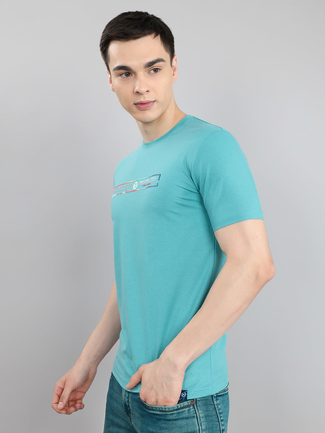 Men Turquoise Blue Printed Round Neck Half Sleeve T-Shirt