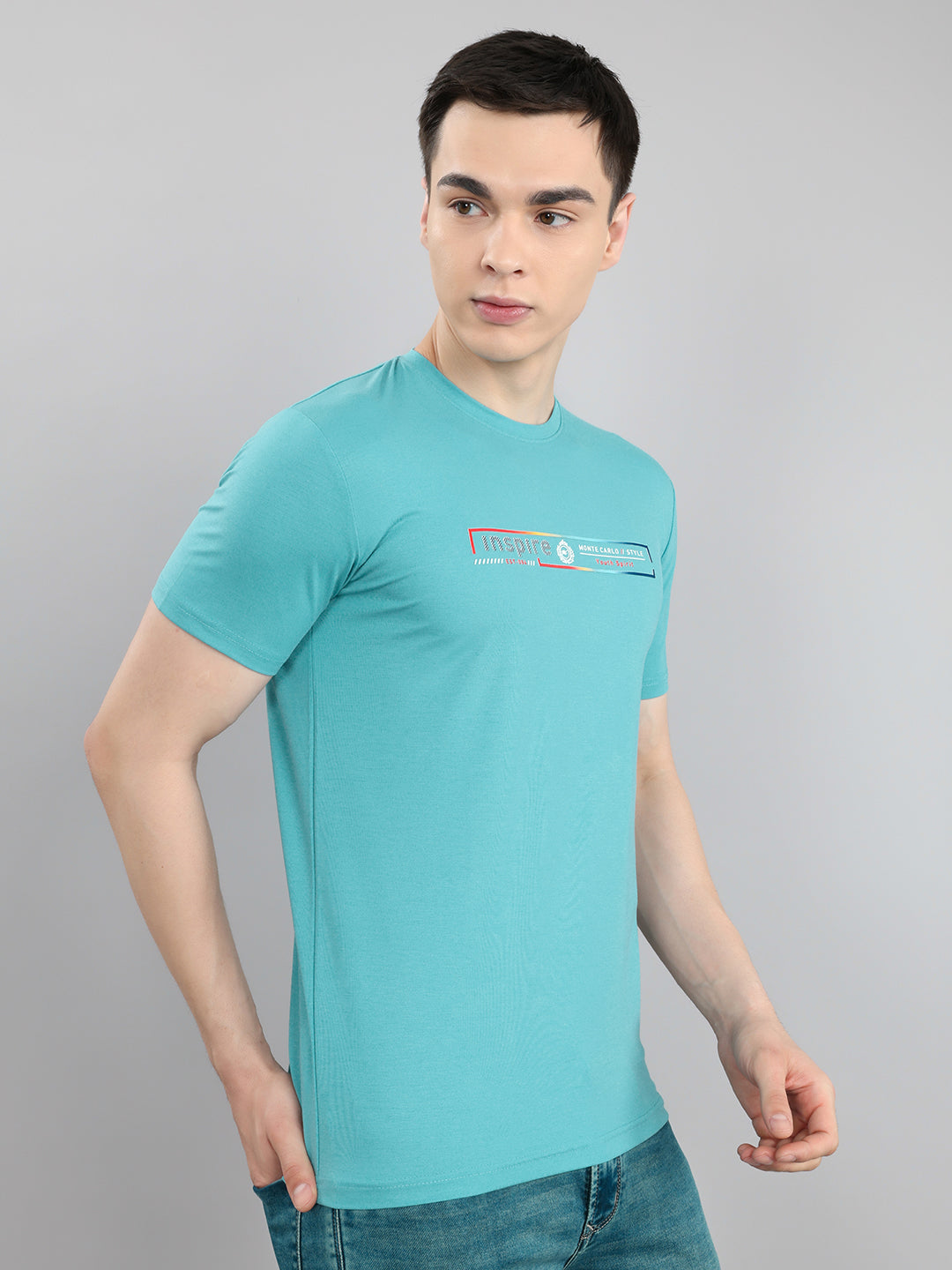 Men Turquoise Blue Printed Round Neck Half Sleeve T-Shirt