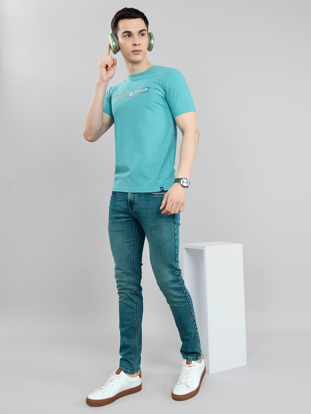 Men Turquoise Blue Printed Round Neck Half Sleeve T-Shirt