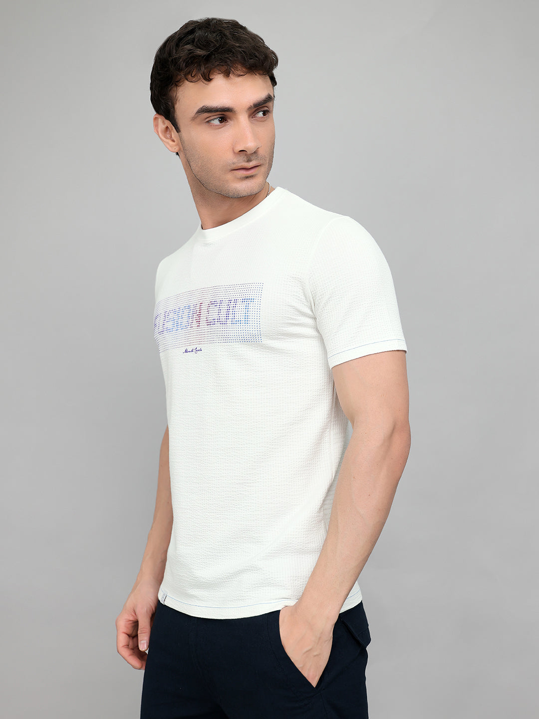 Men White Printed Round Neck Half Sleeve T-Shirt