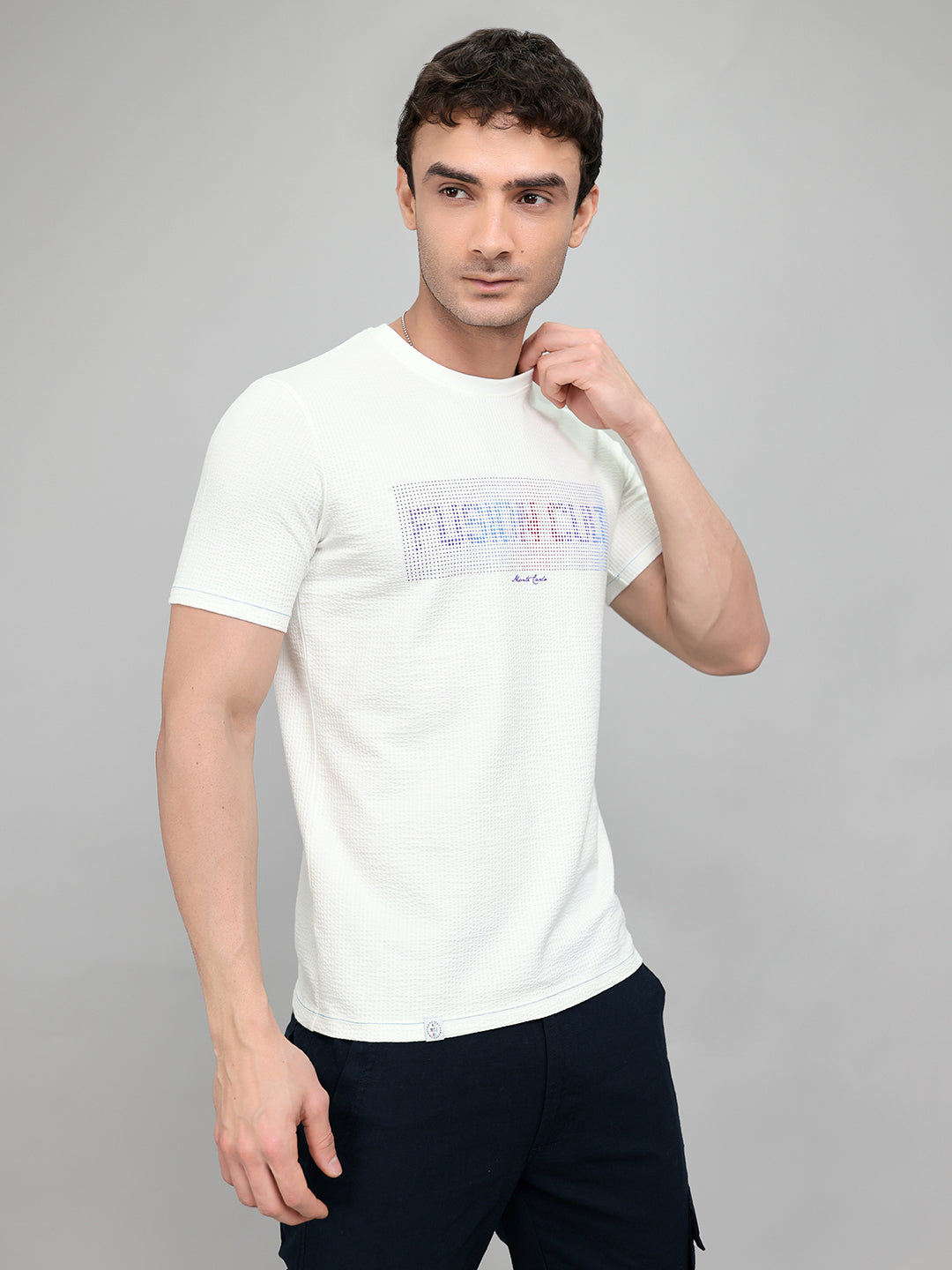 Men White Printed Round Neck Half Sleeve T-Shirt