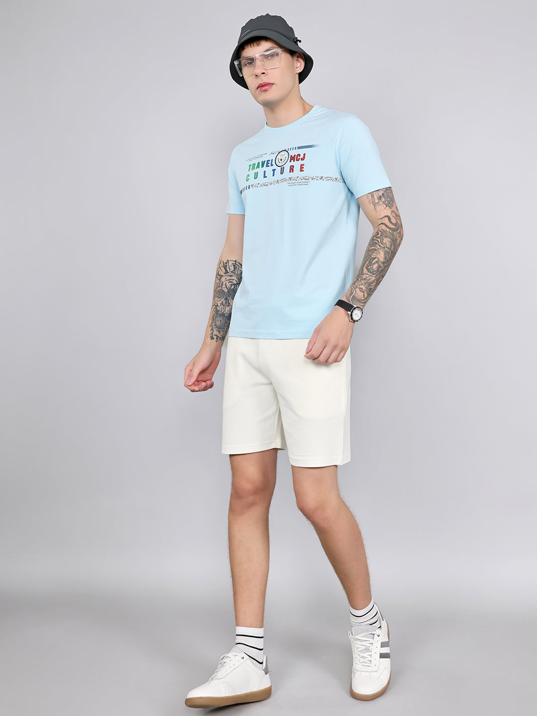 Men Sky Blue Printed Round Neck Half Sleeve T-Shirt