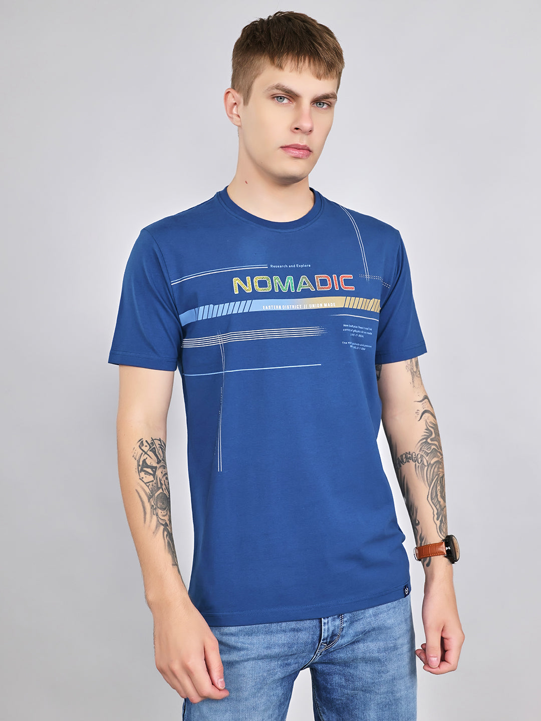 Men Blue Plain Round Neck Half Sleeve T-Shirt
