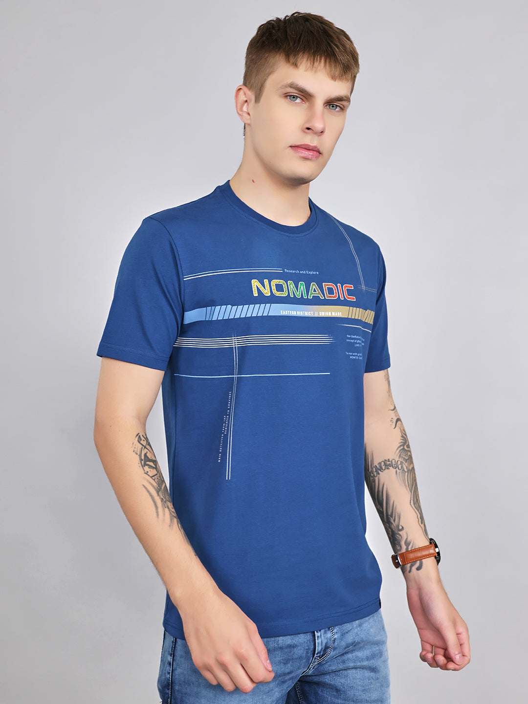 Men Blue Plain Round Neck Half Sleeve T-Shirt