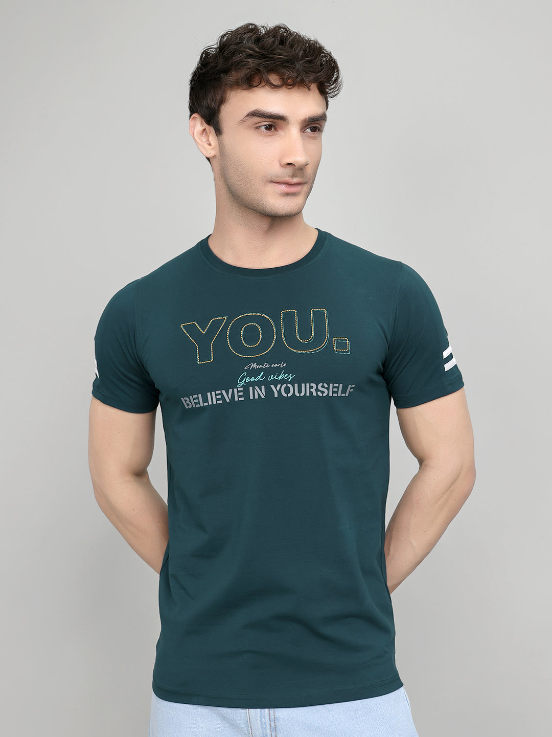 Men Teal Blue Printed Round Neck Half Sleeve T-Shirt