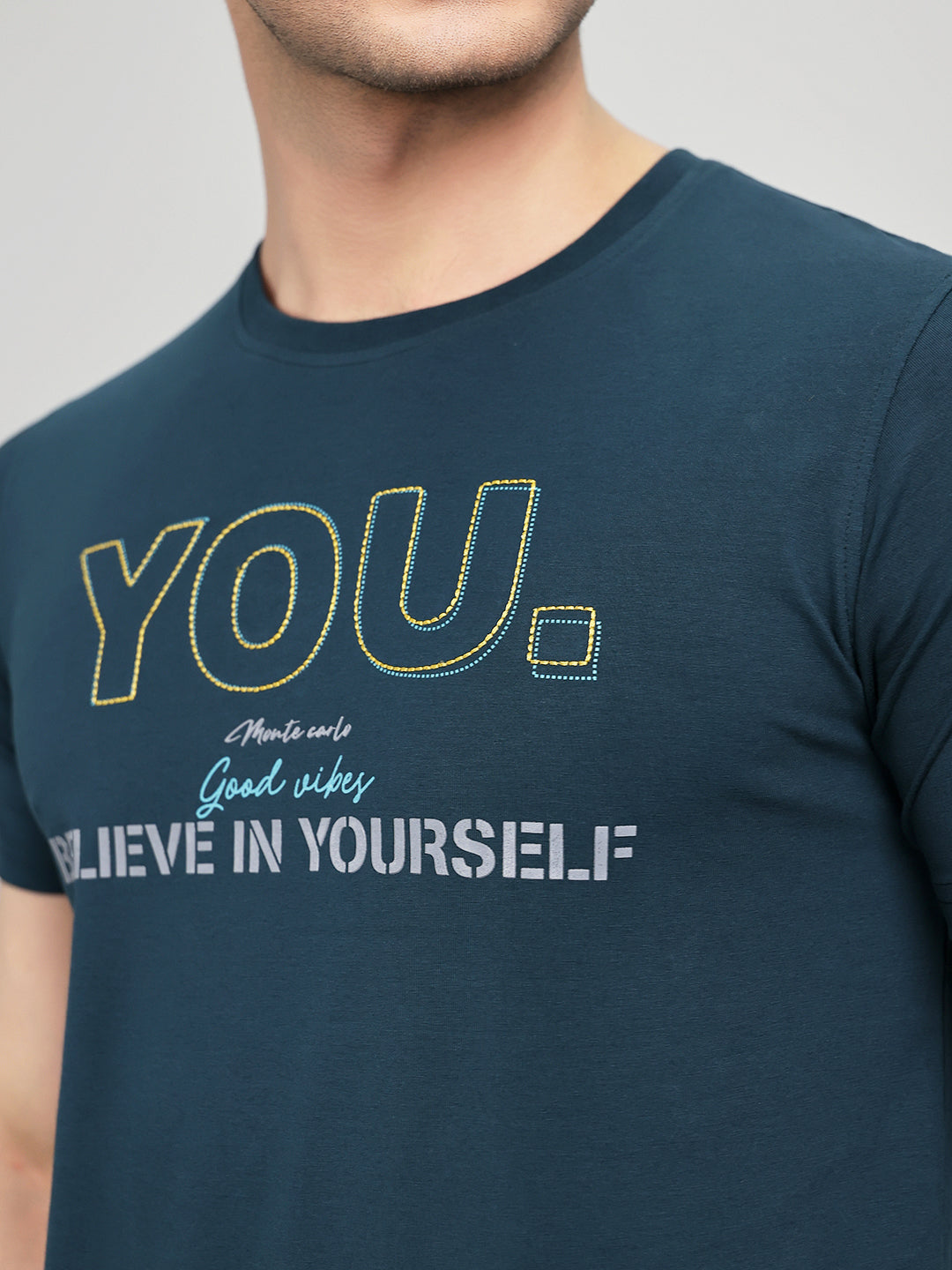 Men Teal Blue Printed Round Neck Half Sleeve T-Shirt