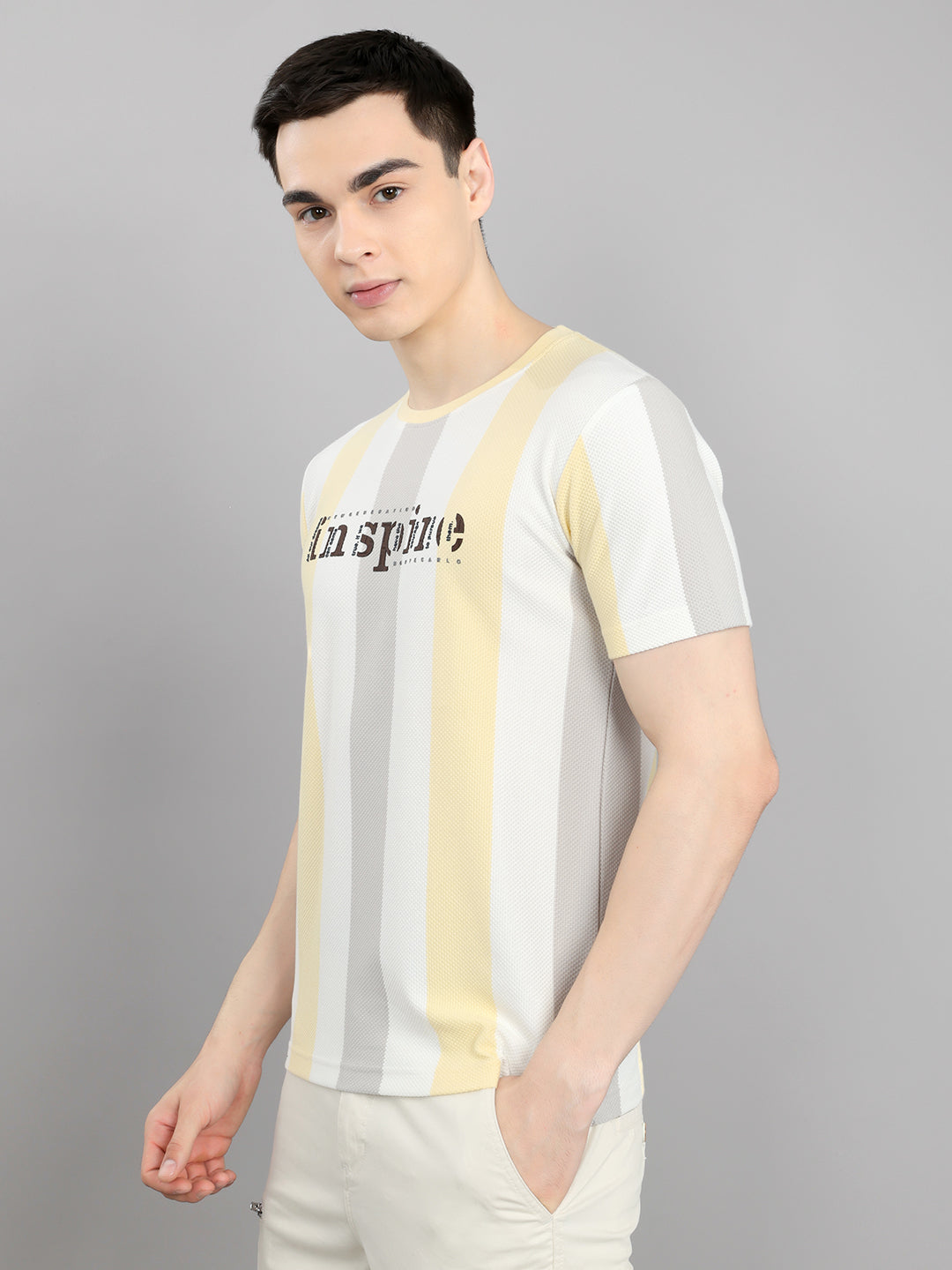 Men Yellow Stripe Round Neck Half Sleeve T-Shirt