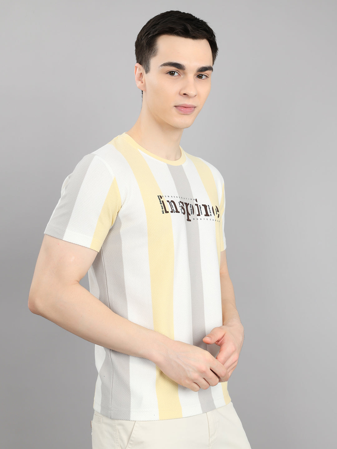 Men Yellow Stripe Round Neck Half Sleeve T-Shirt