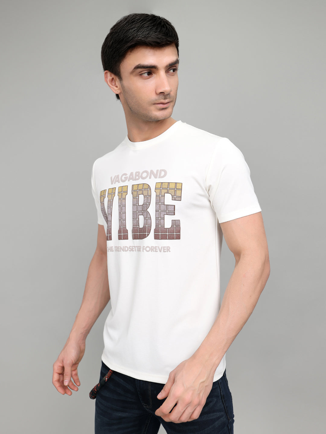 Men White Printed Round Neck Half Sleeve T-Shirt