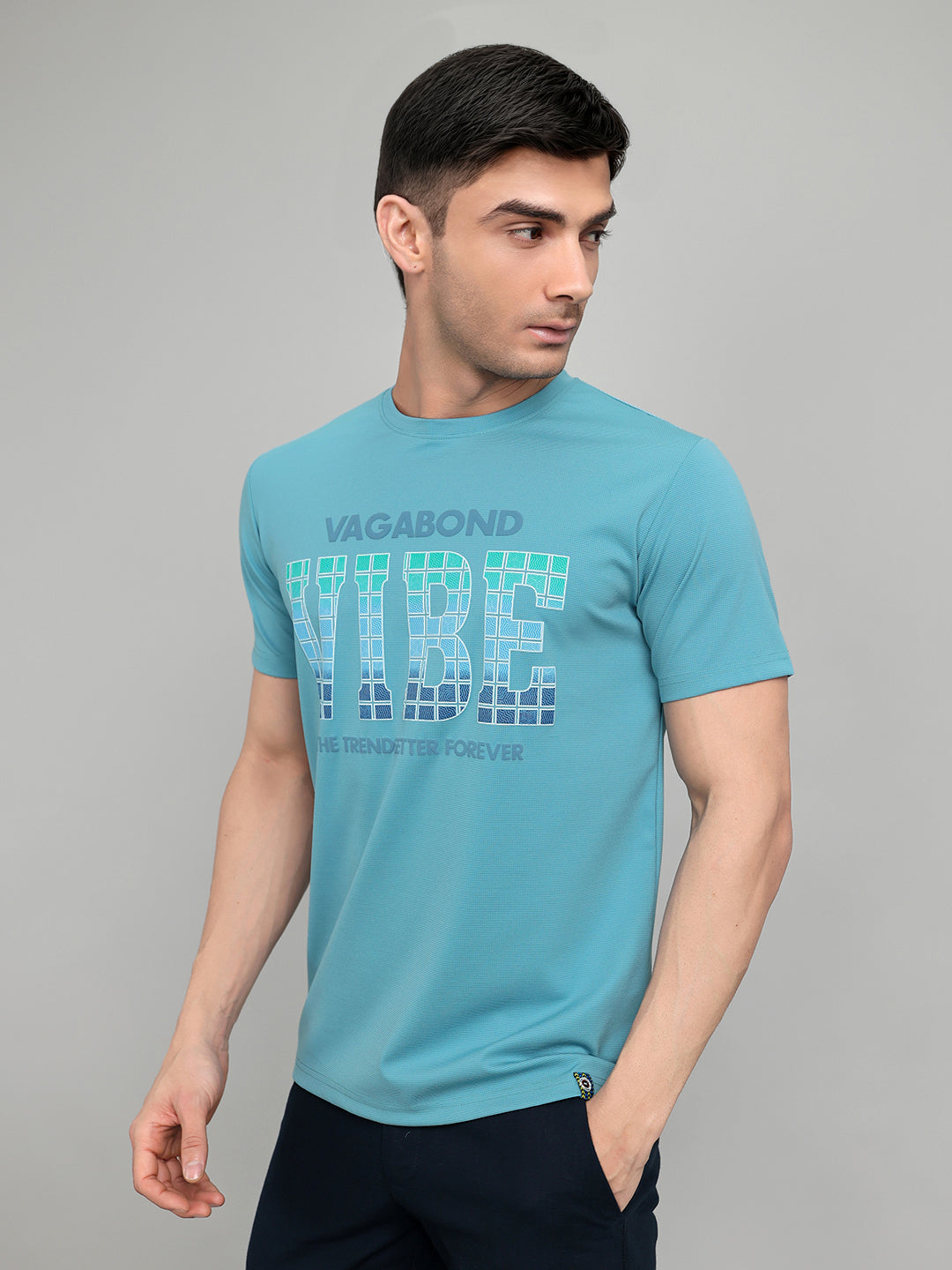Men Blue Printed Round Neck Half Sleeve T-Shirt