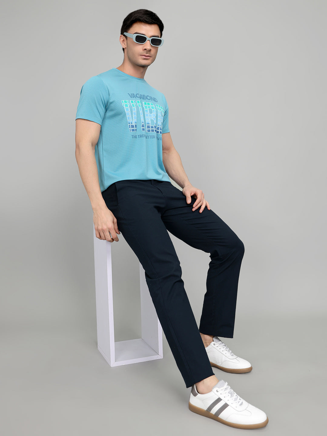 Men Blue Printed Round Neck Half Sleeve T-Shirt