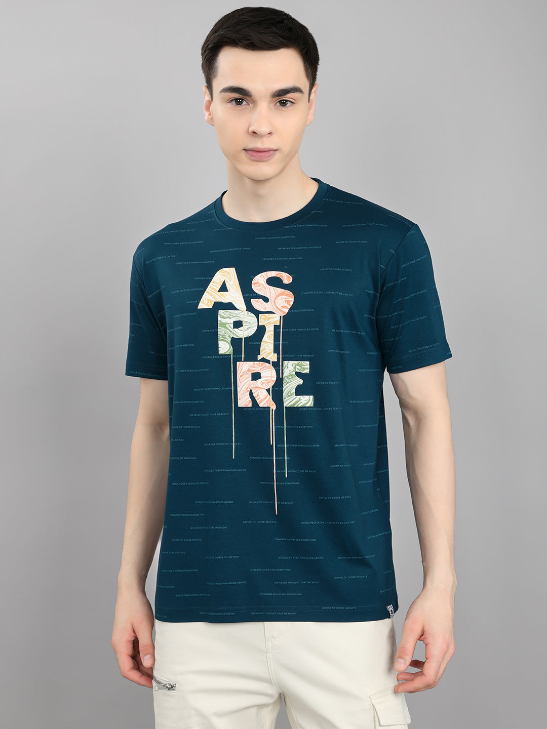 Men Blue Typography Print Round Neck Half Sleeve T-Shirt