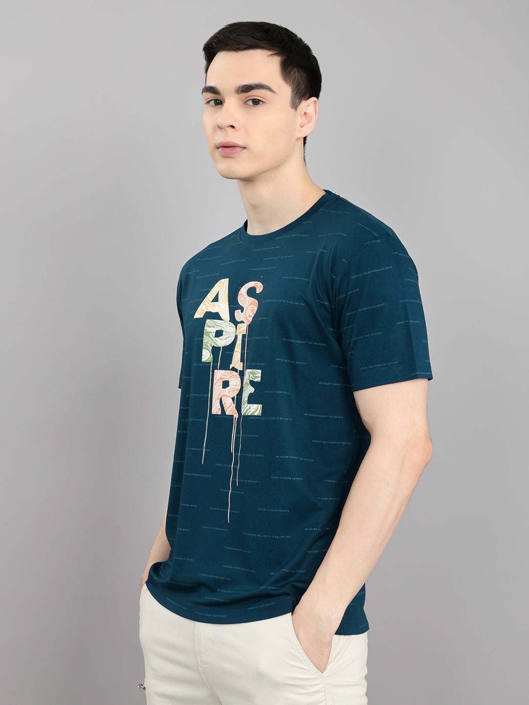 Men Blue Typography Print Round Neck Half Sleeve T-Shirt