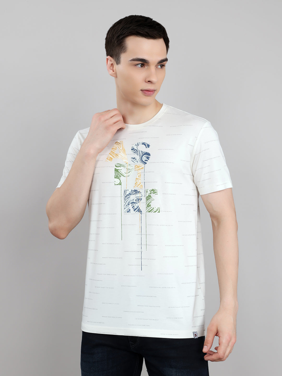 Men Beige Typography Print Round Neck Half Sleeve T-Shirt