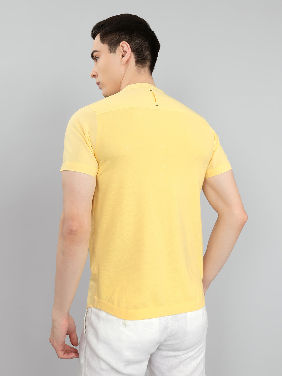 Men Yellow Solid Henley Neck Half Sleeve Kurta