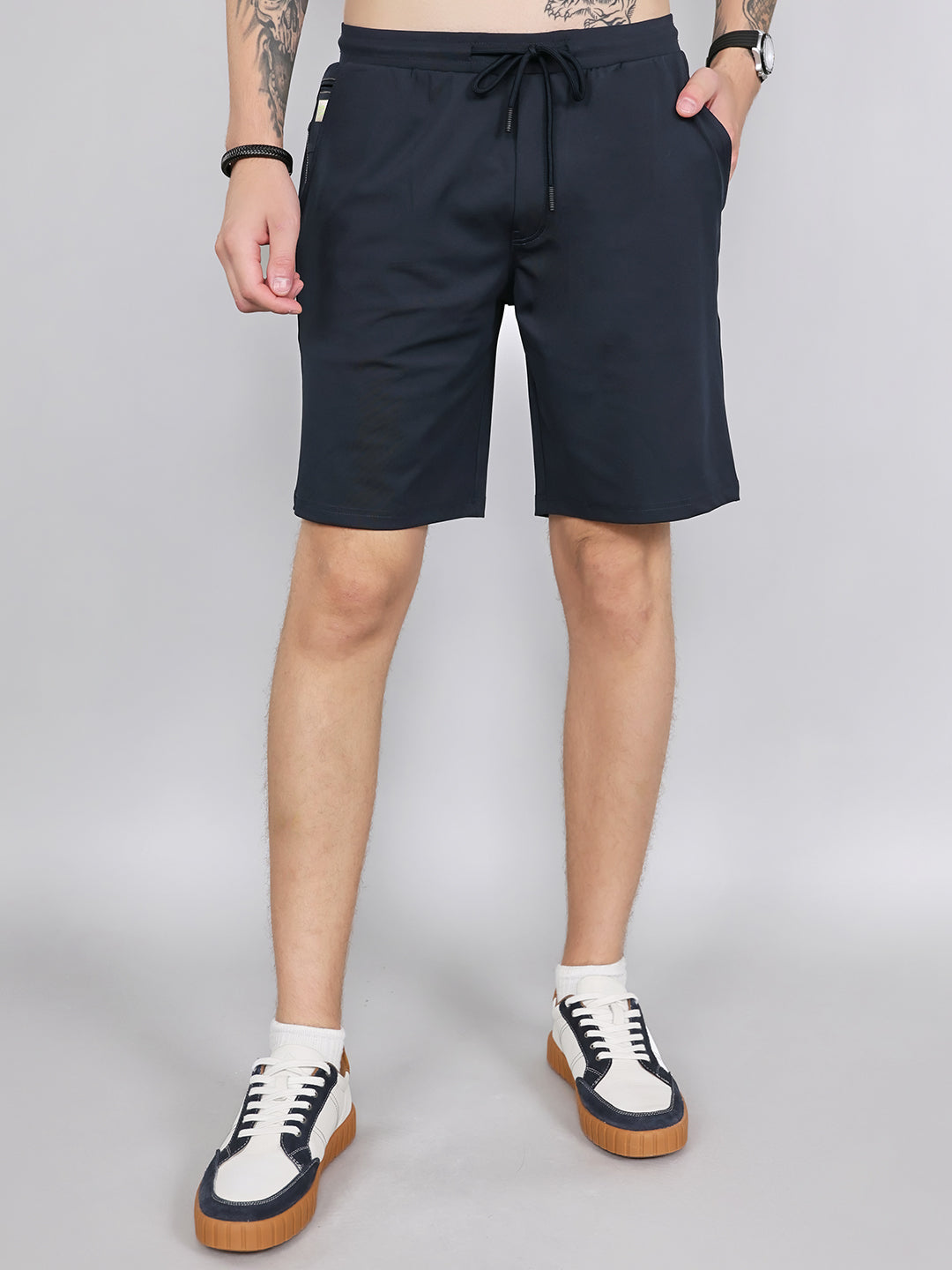 Men Navy Blue Solid Smart Fit Bermuda