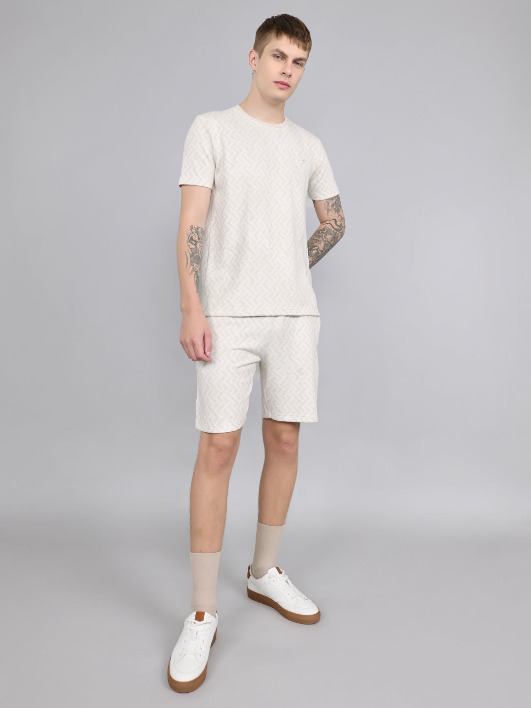 Men Beige Geometric Regular Fit Bermuda Set