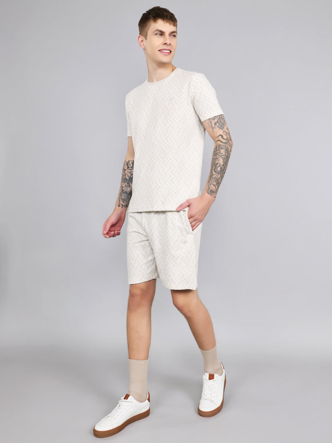 Men Beige Geometric Regular Fit Bermuda Set
