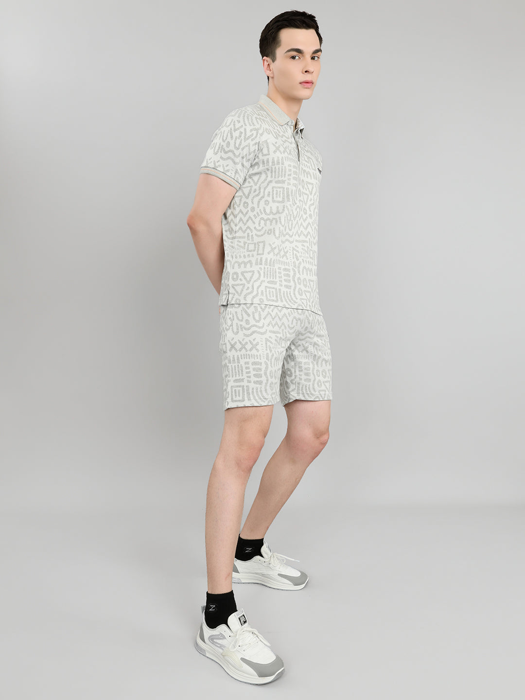 Men Grey Printed Collar Half Sleeve Bermuda Set