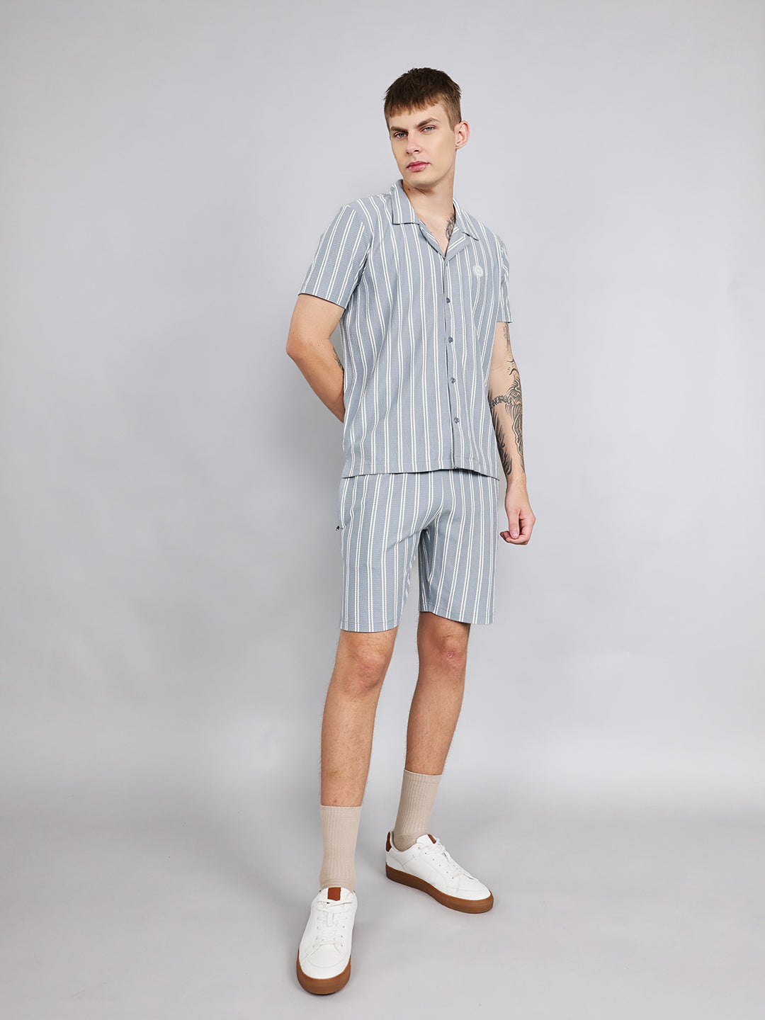 Men Sky Blue Stripe Regular Fit Bermuda Set