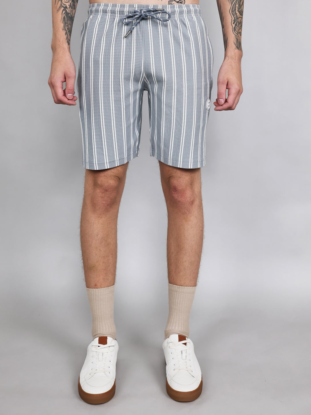 Men Sky Blue Stripe Regular Fit Bermuda Set
