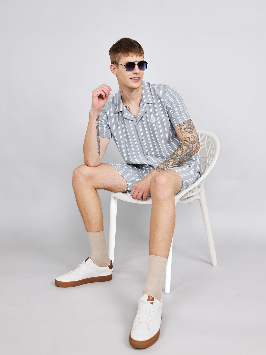 Men Sky Blue Stripe Regular Fit Bermuda Set