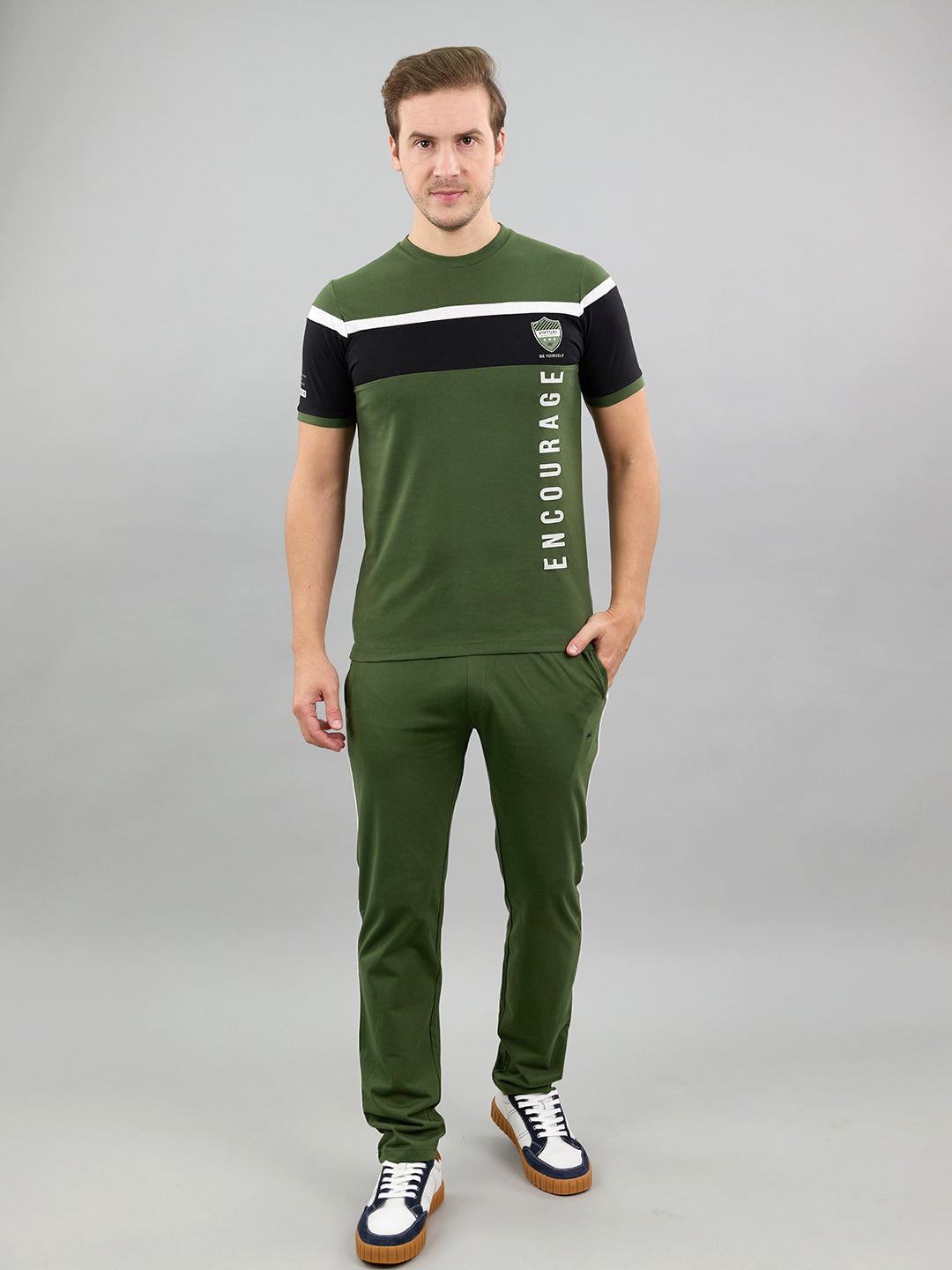 Men Green Solid Round Neck Half Sleeve Lower Set