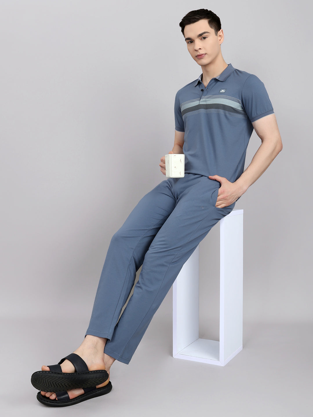 Men Grey & Blue Solid Round Neck Half Sleeve Lower Set