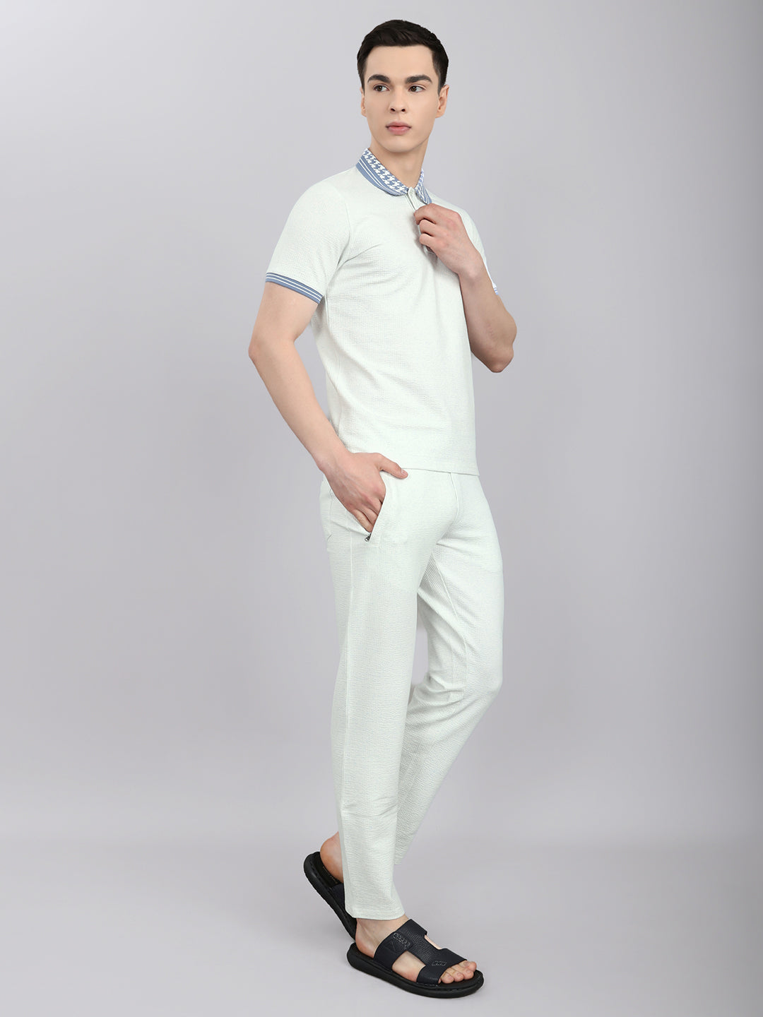 Men Sky Blue Solid Collar Half Sleeve Lower Set
