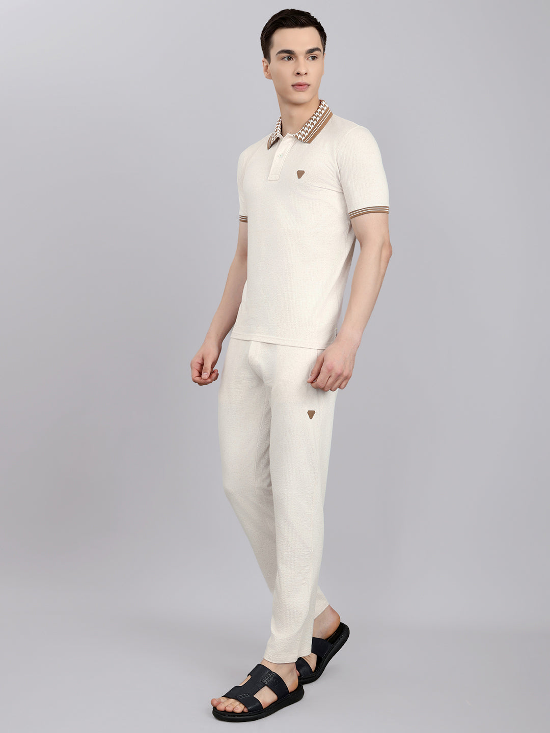 Men Camel Brown Solid Collar Half Sleeve Lower Set