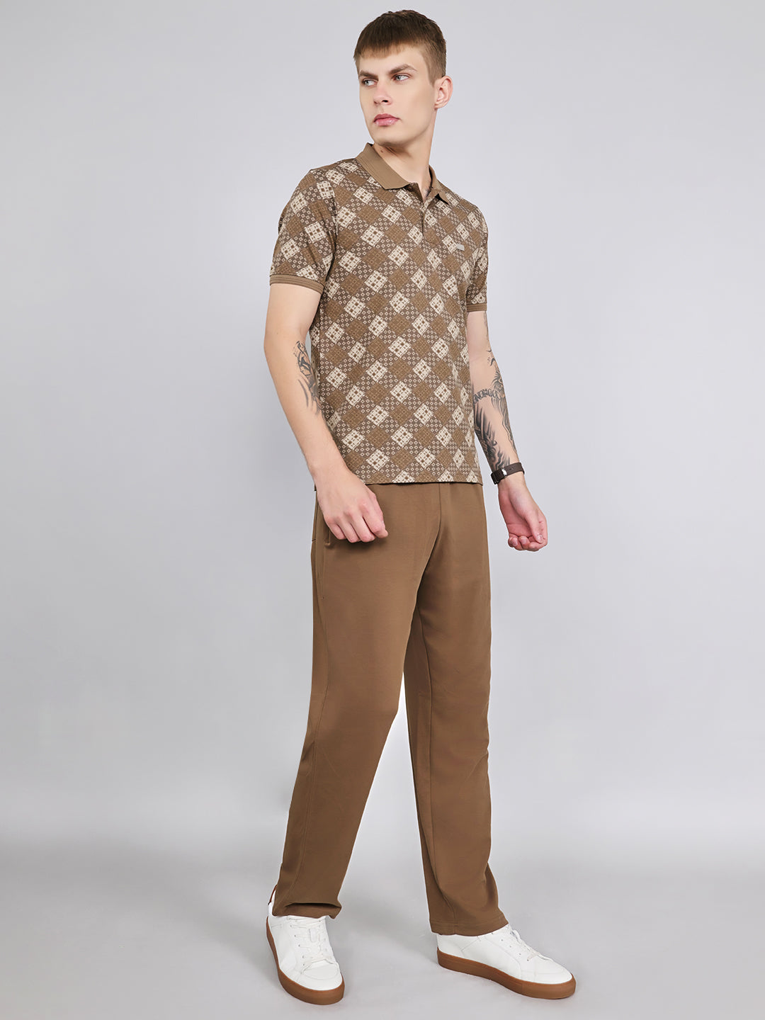 Men Brown Printed Collar Half Sleeve Lower Set