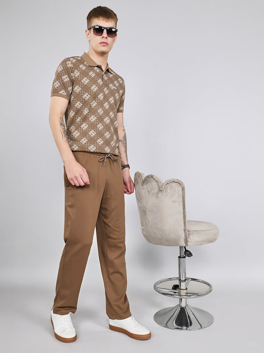 Men Brown Printed Collar Half Sleeve Lower Set